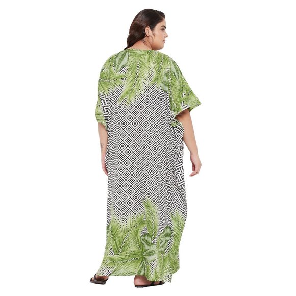 Gypsie Blu Leaf & Geometric Printed Plus Size Kaftan Dress Stylish Maxi Dresses - Picture 7 of 8